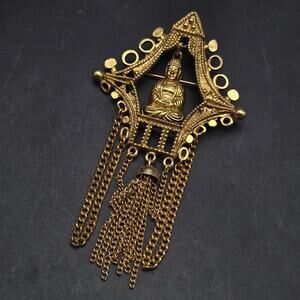 Arthur Pepper Buddha Temple Brooch Gold Tone Tassel Chains Vintage Jewelry